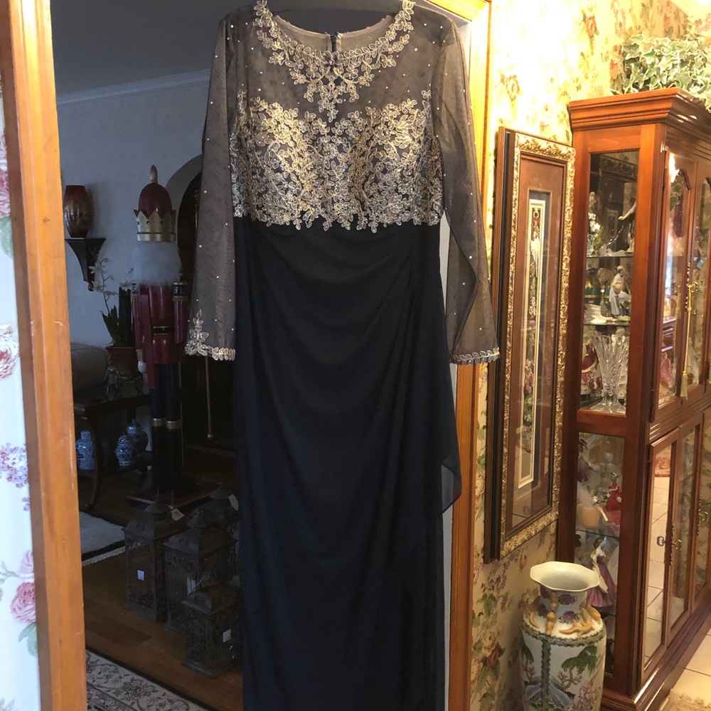 Black and gold embellished illusion too gown